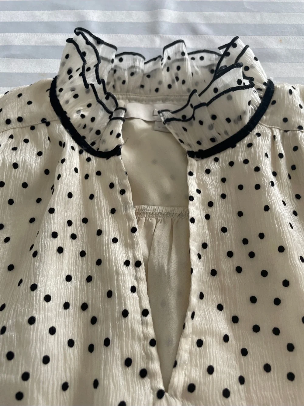 LOFT Ivory Ruffle Neck Black Polka Dot Blouse